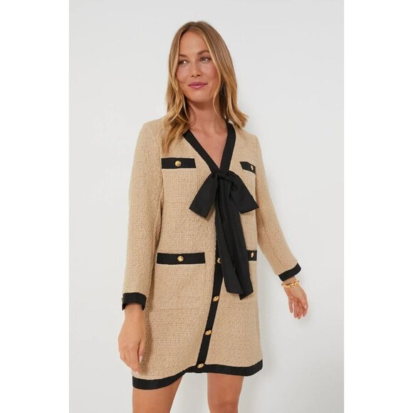 NWT Tuckernuck POMANDER PLACE Coco in Tan Tweed Bow Mini Shift Dress L - Picture 1 of 9